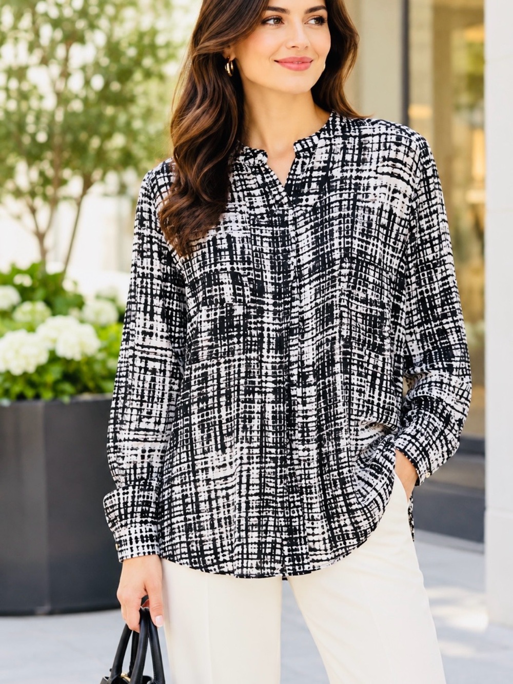 Investments Black and White Patterned Button-Down Blouse